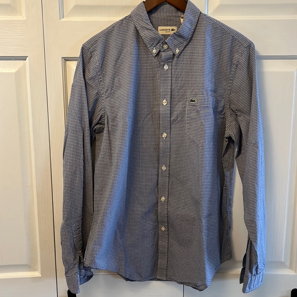 Men’s slim fit Lacoste shirt size large button up navy and white